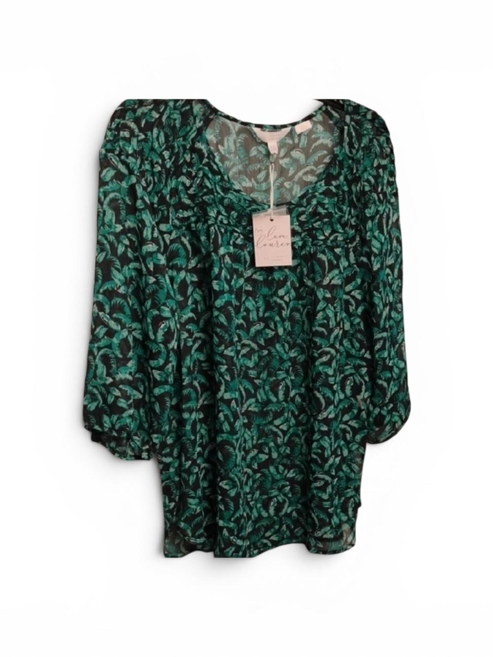 LC Lauren Conrad Black and Emerald Leaf-Print Sheer Tunic
